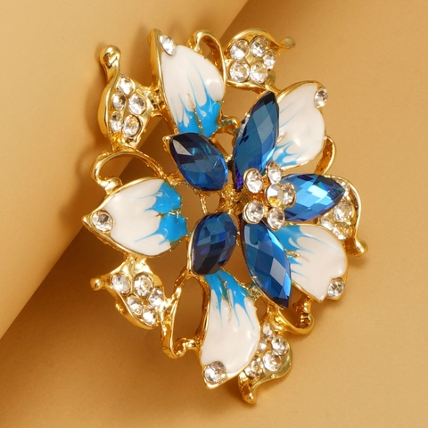 Luxury Stainless Steel 18K Gold Plated Enamel Flower Brooch With Blue Rhinestone For Wedding Banquet Women Jewelry Gift