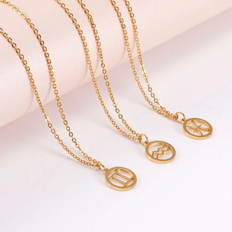18K Gold Plated Stainless Steel Zodiac Necklace For Women Minimalist Round Openwork Constellation Pendant Necklace Daily Jewelry