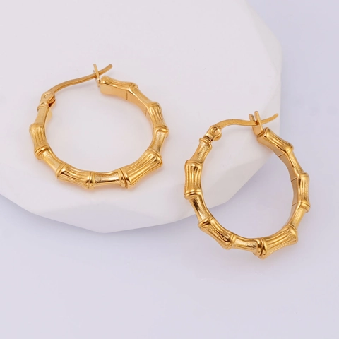 Pendientes de Aro de Acero Inoxidable con Nudo de Bambú Chapado en Oro de 18K Minimalistas Geométricos Forma de C Mujer