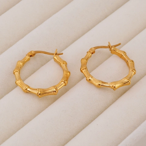 Pendientes de Aro de Acero Inoxidable con Nudo de Bambú Chapado en Oro de 18K Minimalistas Geométricos Forma de C Mujer