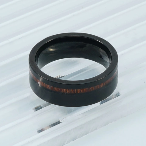 Men's Vintage Stainless Steel Ring With Wood Inlay Black Red Western Fashion Minimalist Band Ring For Daily Wear Jewelry