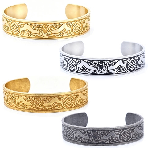 Vintage Double Dragon Head Open Cuff Bracelet Stainless Steel Viking Celtic Knot Totem Retro Bangle For Men Unisex