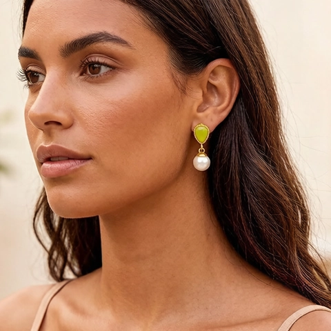 Drop Earrings Stainless Steel 18K Gold Plated Green Cat Eye Stone Faux Artificial Pearl Teardrop Geometric Elegant Jewelry Women
