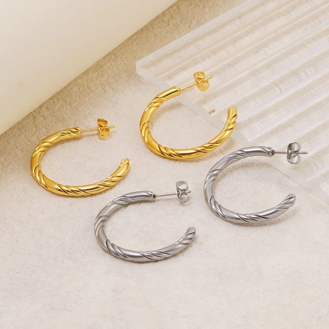 Minimalist Stainless Steel Twisted Rope C-Shape Hoop Earrings For Women PVD 18k Gold Plated Simple Geometric Jewelry Gift