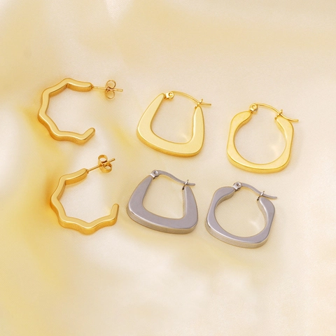 Pendientes Geométricos de Acero Inoxidable Vintage Francés Para Mujer Chapado en Oro 18K PVD Sólidos Pendientes de Botón Forma U Cuadrada Onda Joyería