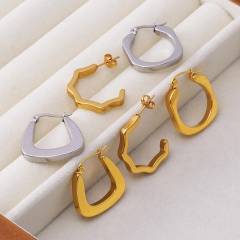 Pendientes Geométricos de Acero Inoxidable Vintage Francés Para Mujer Chapado en Oro 18K PVD Sólidos Pendientes de Botón Forma U Cuadrada Onda Joyería