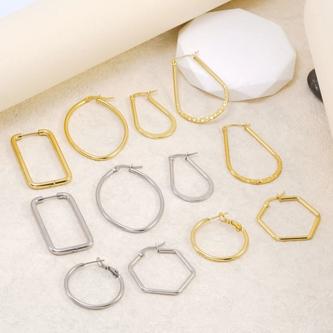 French Vintage Stainless Steel Geometric Hoop Earrings For Women 18K Gold Plated Rectangular Oval U-Shaped Round Fashion Jewelry