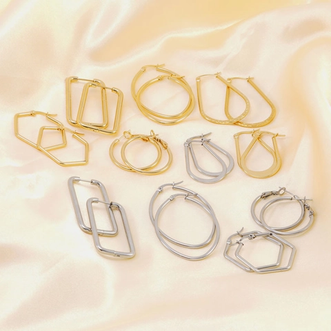 French Vintage Stainless Steel Geometric Hoop Earrings For Women 18K Gold Plated Rectangular Oval U-Shaped Round Fashion Jewelry