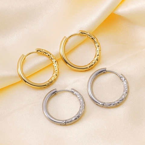 Vintage Stainless Steel Hoop Earrings For Women Men 18k Gold Plated Hammered Texture Minimalist Geometric Circle Jewelry