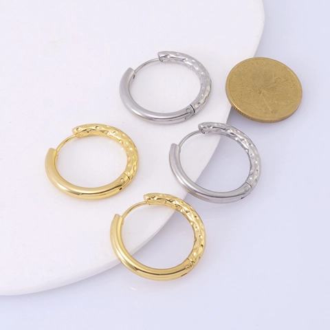 Vintage Stainless Steel Hoop Earrings For Women Men 18k Gold Plated Hammered Texture Minimalist Geometric Circle Jewelry