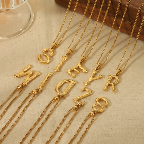 Fashion Stainless Steel 18K Gold Plated 26 English Alphabet Letter Necklace For Women Men Bark Texture Initial Pendant Jewelry