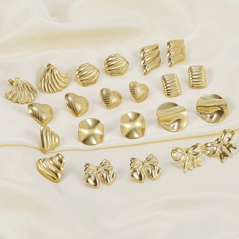 304 Stainless Steel Earrings 18K Gold Plated Ribbed Heart Bow Shell Geometric Stud Earrings For Women Fashion Vintage Jewelry