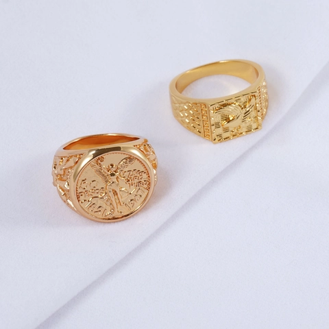 Vintage Men Gold Plated Copper Ring Mexico 50 Pesos Victory Statue Eagle Relief Design Hip Hop Party Fashion Jewelry Ring