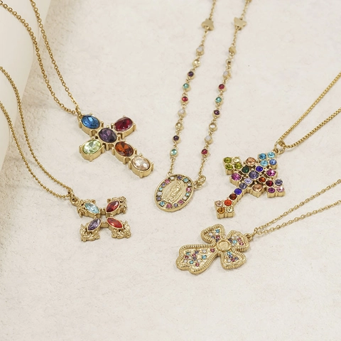 304 Stainless Steel 18K Gold Plated Colorful Zirconia Cross Pendant Necklace Religious Virgin Mary Jewelry For Women