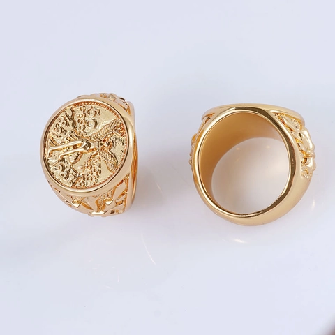 Vintage Men Gold Plated Copper Ring Mexico 50 Pesos Victory Statue Eagle Relief Design Hip Hop Party Fashion Jewelry Ring