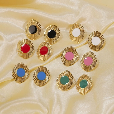 Vintage Stainless Steel 18K Gold Plated Spiral Geometric Enamel Stud Earrings For Women Retro Fashion Sunburst Jewelry