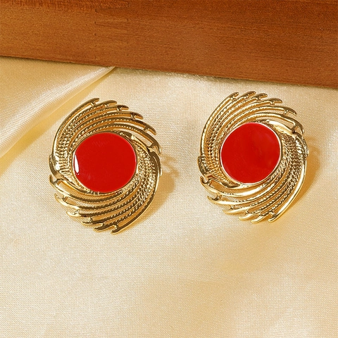 Vintage Stainless Steel 18K Gold Plated Spiral Geometric Enamel Stud Earrings For Women Retro Fashion Sunburst Jewelry