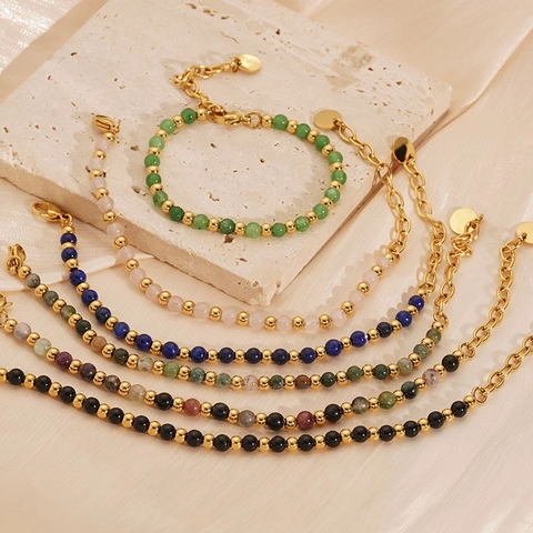 Boho Naturstein Perlenarmband 18K Vergoldet Edelstahl Verstellbar Lapislazuli Rosenquarz Damen Schmuck