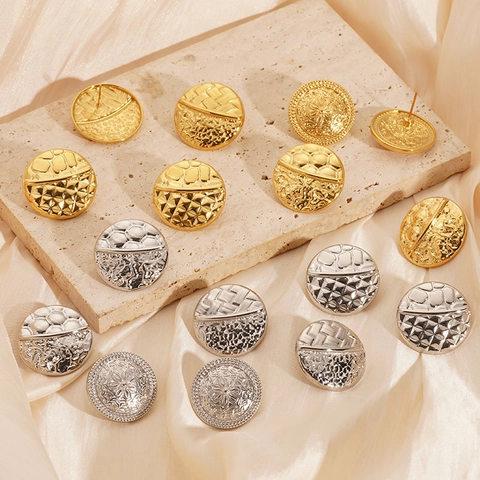 Round Stainless Steel 18K Gold Plated Stud Earrings Vintage Textured Hammered Relief Geometric Women Fashion Jewelry