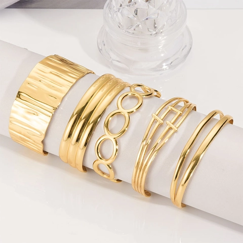 French Vintage Gold Plated Stainless Steel Open Cuff Bangle Bracelet For Women Textured Geometric Layered Jewelry Accessories