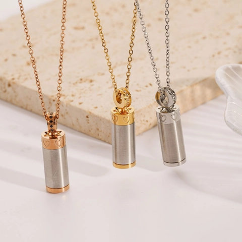 Cylinder Perfume Bottle Necklace For Women 316 Stainless Steel Memorial Urn Vial Pendant Heart Zirconia Jewelry Gift