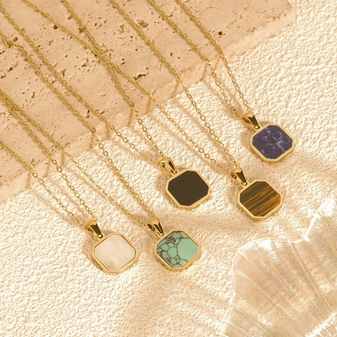 Minimalist Stainless Steel Octagon Pendant Necklace 18K Gold Plated Geometric Clavicle Chain Jewelry For Women Men Accessories