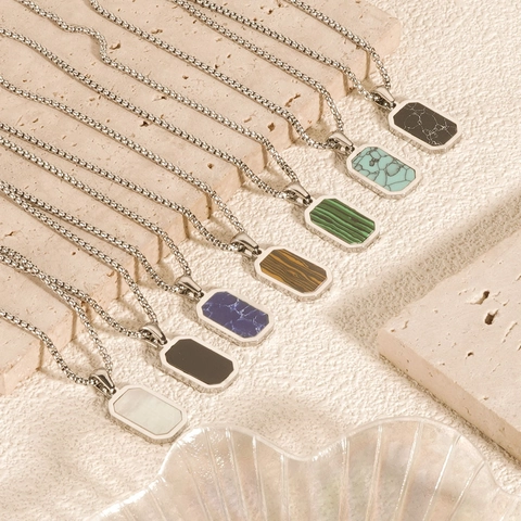 304 Stainless Steel Geometric Rectangular Pendant Necklace With Stone Inlay Minimalist Unisex Jewelry Fashion Necklaces