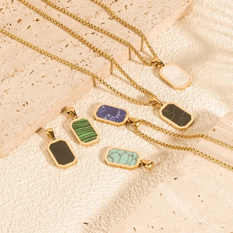 304 Stainless Steel Geometric Rectangular Pendant Necklace With Stone Inlay Minimalist Unisex Jewelry Fashion Necklaces