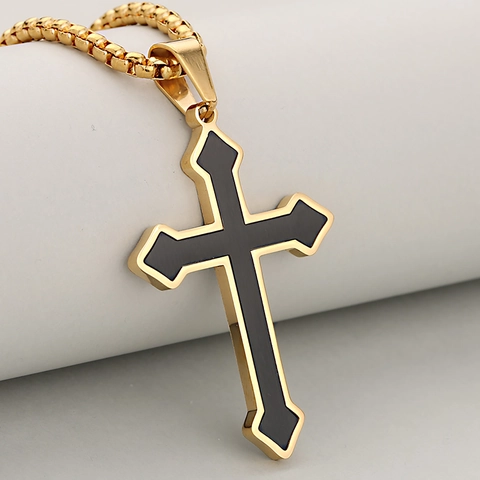 Collar de Pendiente de Cruz de Acero Inoxidable Metal Cepillado Tono Doble Joyería de Moda Religiosa Regalo para Hombres Mujeres Sin Cadena