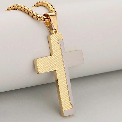 Fashion Stainless Steel Cross Pendant Necklace Two Tone Brushed Metal Texture Pendant Jewelry For Men Women Daily Decor