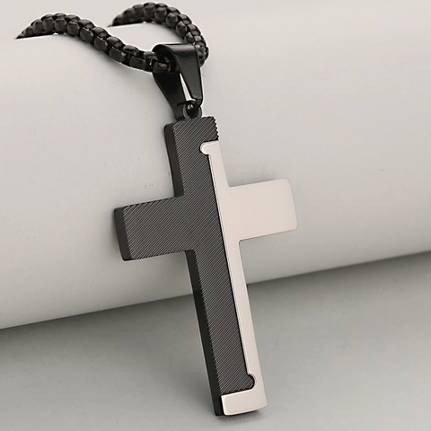 Fashion Stainless Steel Cross Pendant Necklace Two Tone Brushed Metal Texture Pendant Jewelry For Men Women Daily Decor