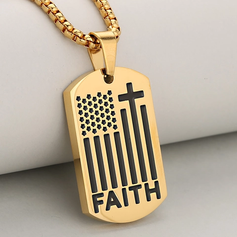 Stainless Steel Faith Cross Pendant Necklace Military Dog Tag American Flag Style Religious Jewelry For Men Women
