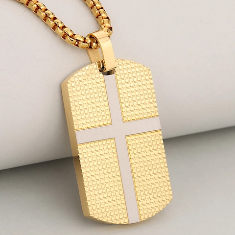 Men Stainless Steel Cross Dog Tag Pendant Necklace 18K Gold Plated Grid Texture Religious Gothic Punk Jewelry Gift