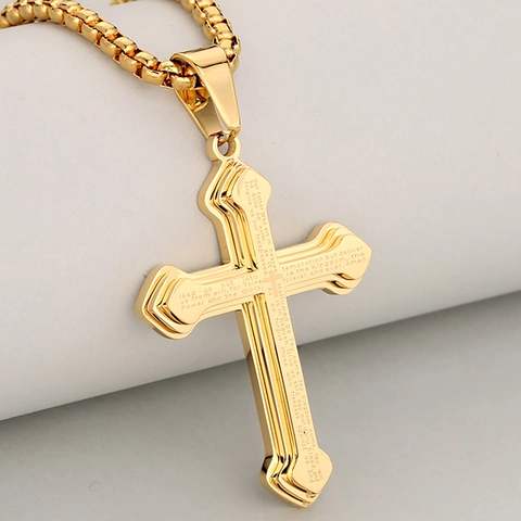 Edelstahl 18K Vergoldete Dreilagige Kreuz Anhänger Halskette Gebet Schrift Gravierter Schmuck