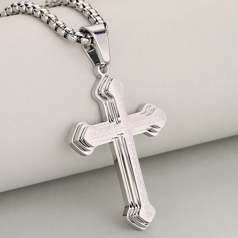 Edelstahl 18K Vergoldete Dreilagige Kreuz Anhänger Halskette Gebet Schrift Gravierter Schmuck