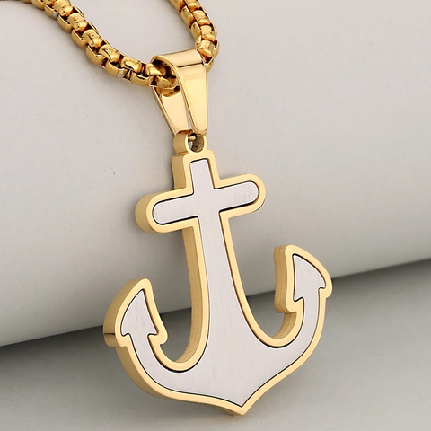 Collar con Colgante de Ancla Náutica de Acero Inoxidable Chapado en Oro 18K Joyería de Metal Cepillado Bicolor para Hombre Mujer
