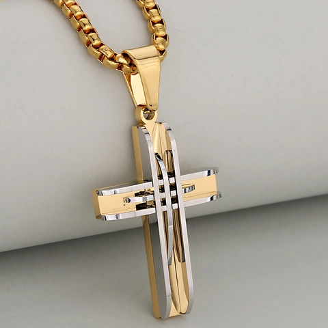 Stainless Steel 3D Layered Cross Pendant Necklace For Men Women Hip Hop Style Industrial Fashion Religious Crucifix Jewelry