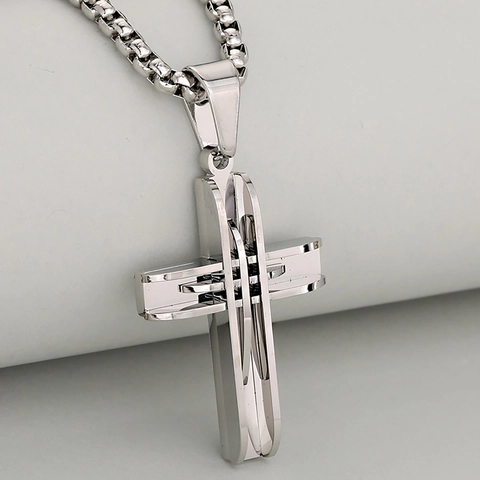 Stainless Steel 3D Layered Cross Pendant Necklace For Men Women Hip Hop Style Industrial Fashion Religious Crucifix Jewelry