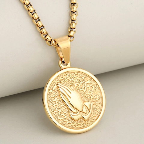 Vintage Stainless Steel Praying Hands Coin Pendant For Men Women Religious Relief Round Medallion Charm Pendant Only