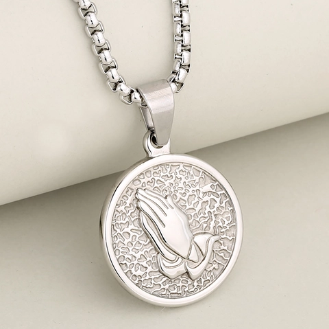 Vintage Stainless Steel Praying Hands Coin Pendant For Men Women Religious Relief Round Medallion Charm Pendant Only