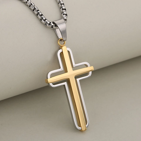 Stainless Steel Double Layer Hollow Cross Pendant Necklace Minimalist Box Chain Religious Jewelry For Men Women Daily Wear