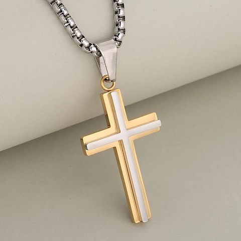 Pendentif Croix en Acier Inoxydable Minimaliste pour Hommes Double Couche Bijou Religieux Métal Poli Sans Chaîne