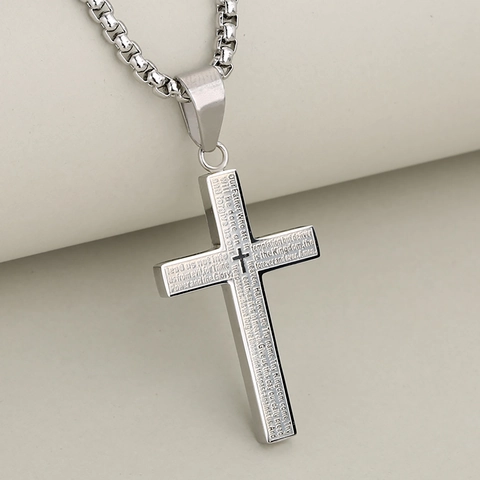 Collar con Colgante de Cruz de Acero Inoxidable para Hombre Joyería Religiosa Grabada con el Padre Nuestro Regalo de Moda Dorado Plateado Negro