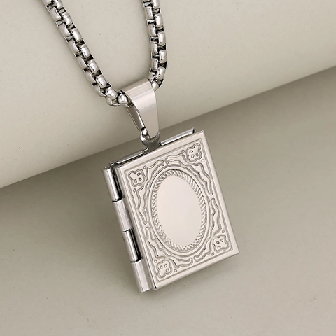 Vintage Stainless Steel Book Locket Pendant Only Without Chain For Women Engraved Floral Photo Locket Pendant Jewelry Gift