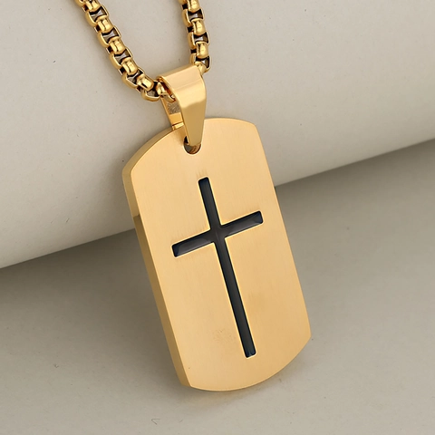 Men's Stainless Steel Cross Dog Tag Pendant Necklace Hip Hop Minimalist Rectangular Military Tag Jewelry Gift For Him