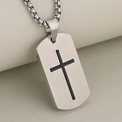 Men's Stainless Steel Cross Dog Tag Pendant Necklace Hip Hop Minimalist Rectangular Military Tag Jewelry Gift For Him