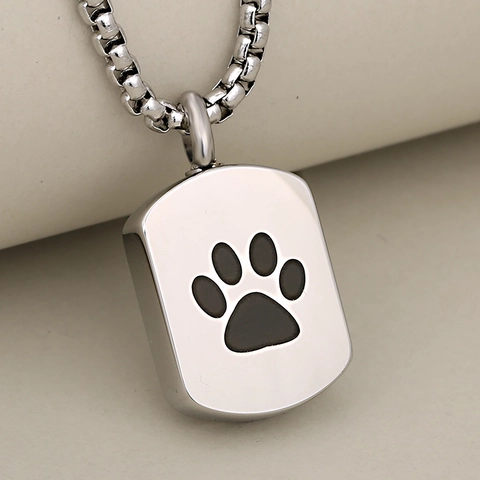 Stainless Steel Pet Cremation Urn Pendant For Ashes Waterproof Memorial Dog Tag Paw Print Pendant Only Without Chain