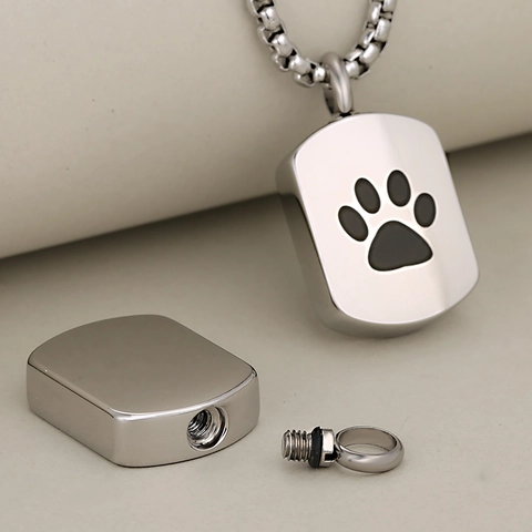 Stainless Steel Pet Cremation Urn Pendant For Ashes Waterproof Memorial Dog Tag Paw Print Pendant Only Without Chain