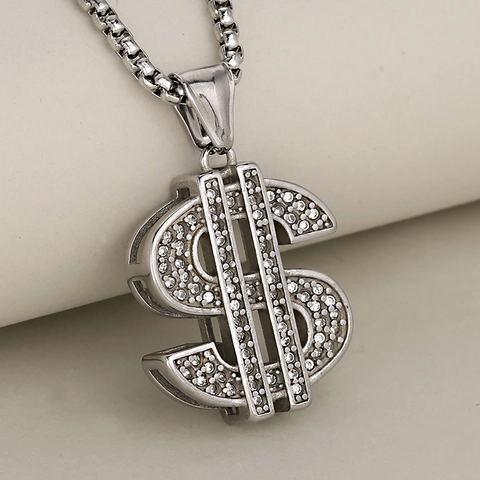 Collar de Colgante de Signo de Dólar Hip Hop de Acero Inoxidable Oro Plata Zirconia Joyería para Hombres Mujeres