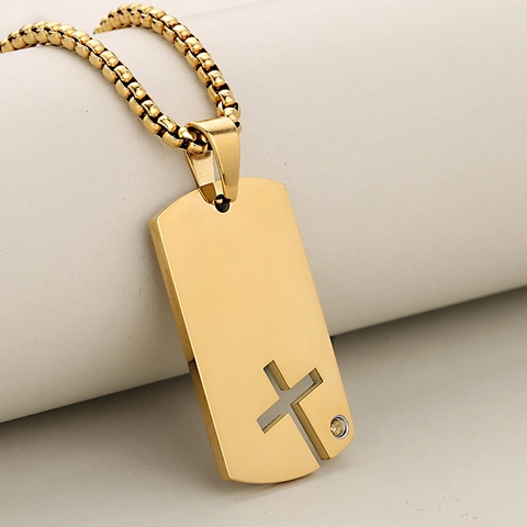 Punk Stainless Steel Cutout Cross Dog Tag Pendant Necklace With Zirconia For Men Hip Hop Personality Jewelry Gold Silver Black